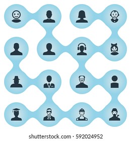 Set Of 16 Simple Member Icons. Can Be Found Such Elements As Male With Headphone, Male User, Mysterious Man And Other.