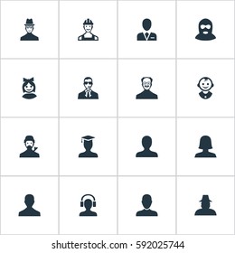 Set Of 16 Simple Member Icons. Can Be Found Such Elements As Job Man, Felon, Male User And Other.