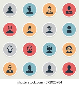 Set Of 16 Simple Member Icons. Can Be Found Such Elements As Whiskers Man, Male With Headphone, Proletarian And Other.