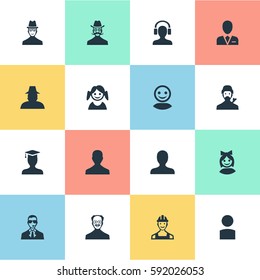 Set Of 16 Simple Member Icons. Can Be Found Such Elements As Insider, Workman, Whiskers Man And Other.