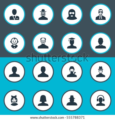 Set Of 16 Simple Member Icons. Can Be Found Such Elements As Felon, Moustache Man, Mysterious Man And Other.