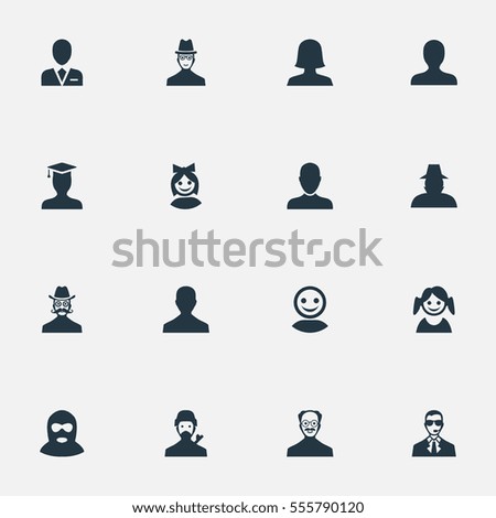 Set Of 16 Simple Member Icons. Can Be Found Such Elements As Whiskers Man, Felon, Mysterious Man And Other.