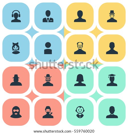 Set Of 16 Simple Member Icons. Can Be Found Such Elements As Woman User, Postgraduate, Young Shaver And Other.