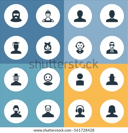 Set Of 16 Simple Member Icons. Can Be Found Such Elements As Woman User, Mysterious Man, Proletarian And Other.