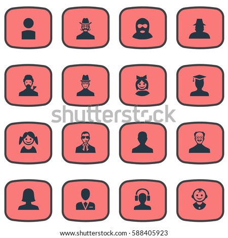 Set Of 16 Simple Member Icons. Can Be Found Such Elements As Felon, Girl Face, Male User And Other.