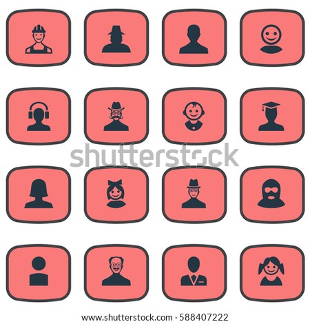 Set Of 16 Simple Member Icons. Can Be Found Such Elements As Woman User, Felon, Insider And Other.