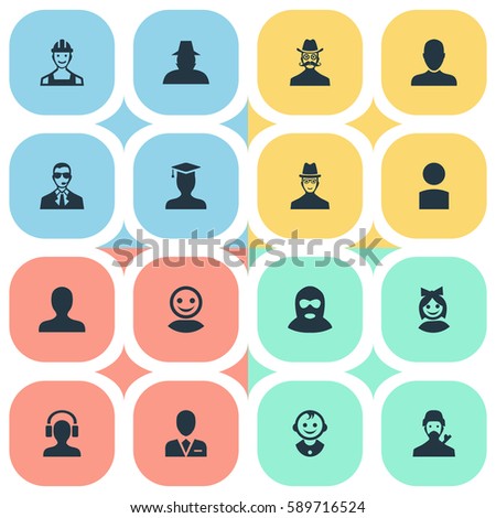 Set Of 16 Simple Member Icons. Can Be Found Such Elements As Male With Headphone, Job Man, Felon And Other.