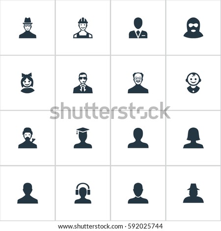 Set Of 16 Simple Member Icons. Can Be Found Such Elements As Job Man, Felon, Male User And Other.