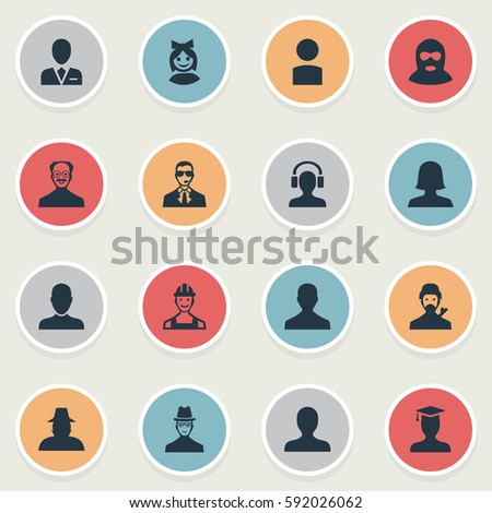 Set Of 16 Simple Member Icons. Can Be Found Such Elements As Felon, Spy, Girl Face And Other.