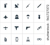 Set Of 16 Simple Military Icons. Can Be Found Such Elements As Extinguisher, Paratrooper, Terrorist And Other.