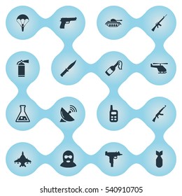 Set Of 16 Simple Military Icons. Can Be Found Such Elements As Terrorist, Chemistry, Walkies And Other.
