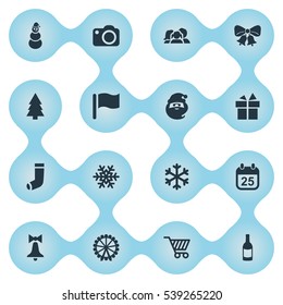 Set Of 16 Simple New Year Icons. Can Be Found Such Elements As Pin, Decoration, Christmas Character And Other.