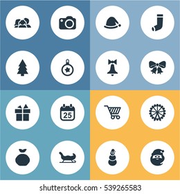 Set Of 16 Simple New Year Icons. Can Be Found Such Elements As Present, Christmas Decoration, Christmas Cap And Other.