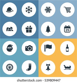 Set Of 16 Simple New Year Icons. Can Be Found Such Elements As Calendar, Present, Funfair And Other.