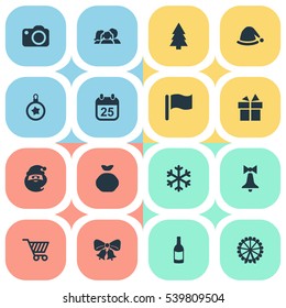 Set Of 16 Simple New Year Icons. Can Be Found Such Elements As Basket, Drink Bottle, Bag And Other.