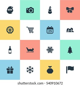 Set Of 16 Simple New Year Icons. Can Be Found Such Elements As Ice Man, Snow, Christmas Character And Other.