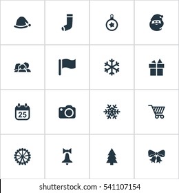 Set Of 16 Simple New Year Icons. Can Be Found Such Elements As Funfair, Forest, Christmas Decoration And Other.