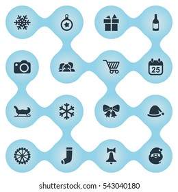 Set Of 16 Simple New Year Icons. Can Be Found Such Elements As Christmas Cap, Present, Drink Bottle And Other.