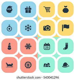 Set Of 16 Simple New Year Icons. Can Be Found Such Elements As Christmas Cap, Photography, Relatives And Other.