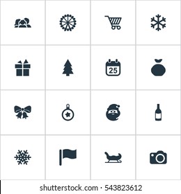 Set Of 16 Simple New Year Icons. Can Be Found Such Elements As Relatives, Christmas Decoration, Forest And Other.