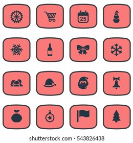 Set Of 16 Simple New Year Icons. Can Be Found Such Elements As Pin, Decoration, Calendar And Other.