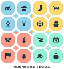 Set Of 16 Simple New Year Icons. Can Be Found Such Elements As Bag, Basket, Decoration And Other.