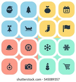 Set Of 16 Simple New Year Icons. Can Be Found Such Elements As Pin, Christmas Decoration, Snow And Other.