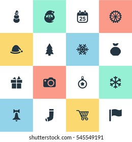 Set Of 16 Simple New Year Icons. Can Be Found Such Elements As Forest, Christmas Decoration, Tree Toy And Other.