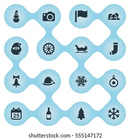 Set Of 16 Simple New Year Icons. Can Be Found Such Elements As Snow, Christmas Decoration, Tree Toy And Other.