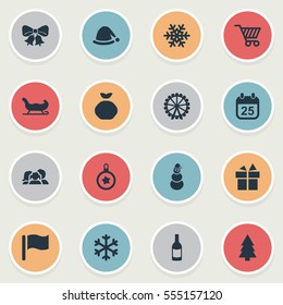 Set Of 16 Simple New Year Icons. Can Be Found Such Elements As Drink Bottle, Calendar, Forest And Other.