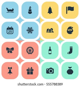 Set Of 16 Simple New Year Icons. Can Be Found Such Elements As Present, Snow, Sledge And Other.