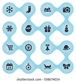Set Of 16 Simple New Year Icons. Can Be Found Such Elements As Sledge, Funfair, Christmas Character And Other.