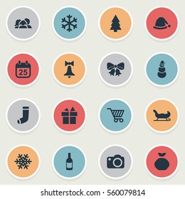 Set Of 16 Simple New Year Icons. Can Be Found Such Elements As Christmas Decoration, Present, Snow And Other.