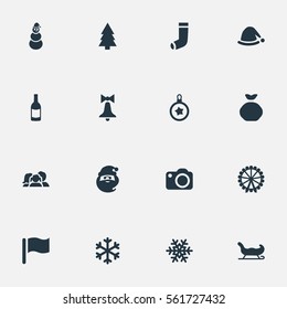 Set Of 16 Simple New Year Icons. Can Be Found Such Elements As Snow, Christmas Decoration, Funfair And Other.