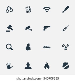 Set Of 16 Simple Offense Icons. Can Be Found Such Elements As Inspector, Automobile, Volunteer And Other.