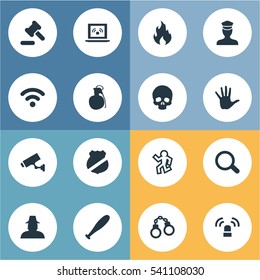 Set Of 16 Simple Offense Icons. Can Be Found Such Elements As Explosive, Magnifier, Siren And Other.