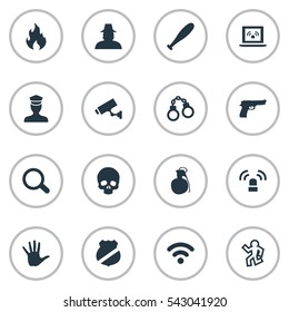 Set Of 16 Simple Offense Icons. Can Be Found Such Elements As Dead Man, Internet, Explosive And Other.