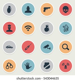 Set Of 16 Simple Offense Icons. Can Be Found Such Elements As Explosive, Automobile, Pistol And Other.
