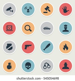 Set Of 16 Simple Offense Icons. Can Be Found Such Elements As Pistol, Safety, Magnifier And Other.