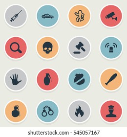 Set Of 16 Simple Offense Icons. Can Be Found Such Elements As Automobile, Officer Badge, Siren And Other.