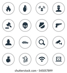 Set Of 16 Simple Offense Icons. Can Be Found Such Elements As Dead Man, Siren, Safety And Other.