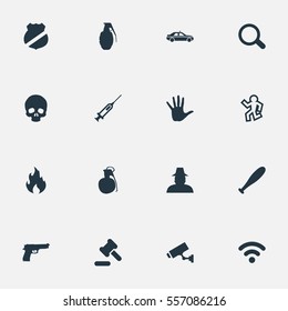 Set Of 16 Simple Offense Icons. Can Be Found Such Elements As Inspector, Explode, Automobile And Other.