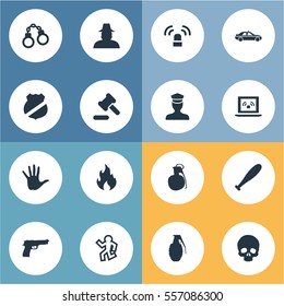 Set Of 16 Simple Offense Icons. Can Be Found Such Elements As Hammer, Skeleton, Pistol And Other.