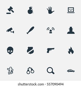 Set Of 16 Simple Offense Icons. Can Be Found Such Elements As Grid, Pistol, Inspector And Other.