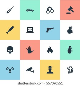 Set Of 16 Simple Offense Icons. Can Be Found Such Elements As Hammer, Blaze, Sheriff And Other.