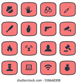 Set Of 16 Simple Offense Icons. Can Be Found Such Elements As Explosive, Siren, Internet And Other.