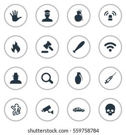 Set Of 16 Simple Offense Icons. Can Be Found Such Elements As Explode, Vaccine, Volunteer And Other.