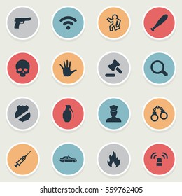 Set Of 16 Simple Offense Icons. Can Be Found Such Elements As Blaze, Skeleton, Officer Badge And Other.