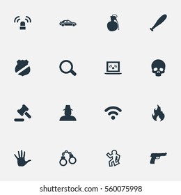 Set Of 16 Simple Offense Icons. Can Be Found Such Elements As Internet, Automobile, Explosive And Other.