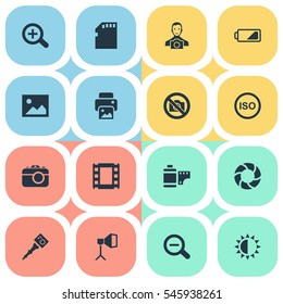 Set Of 16 Simple Photograph Icons. Can Be Found Such Elements As Apparatus Photographer, Photograph, Brilliance And Other.